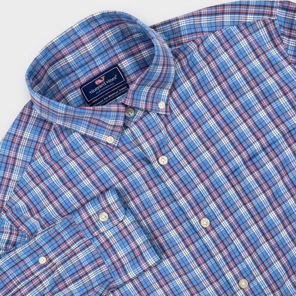 $118 Vineyard Vines Performance Murray Shirt Mens Medium Check Blue Button Down - Picture 1 of 11